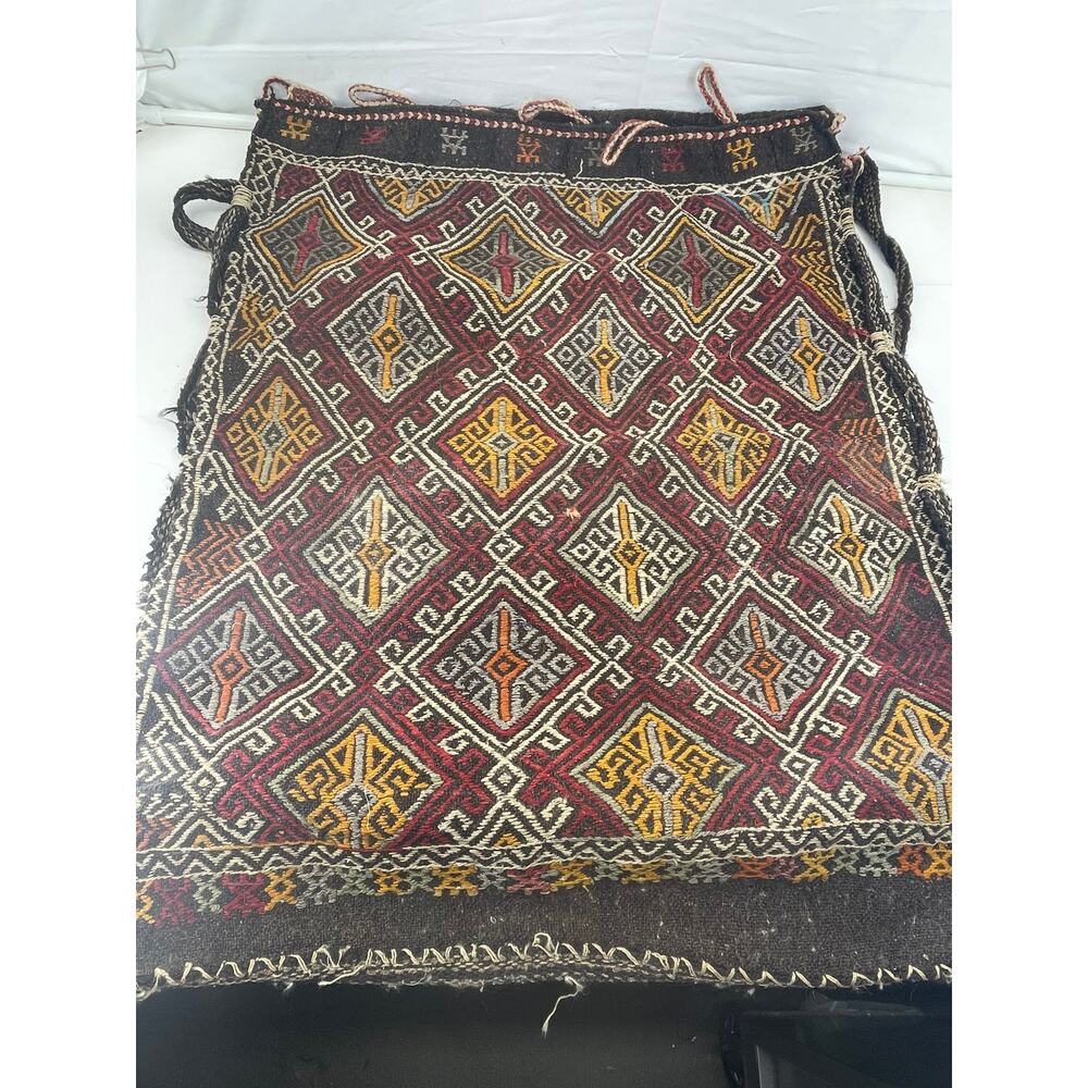 Vintage Handwoven Tribal Kilim Textile Bag Saddlebag Rug Geometric Pattern Hand